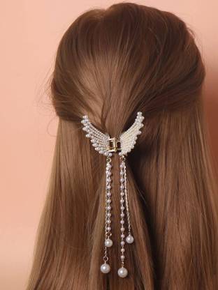 VSAKSH Gold Butterfly Hair Claw Clip Strong Hold Metal Pearl Chain Tassel Hair Clip Hair Claw