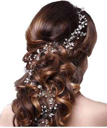 EvoNest Floral Pearl Embellished Hair Vein – Wedding Tiara for Girls (Free Size) Hair Chain