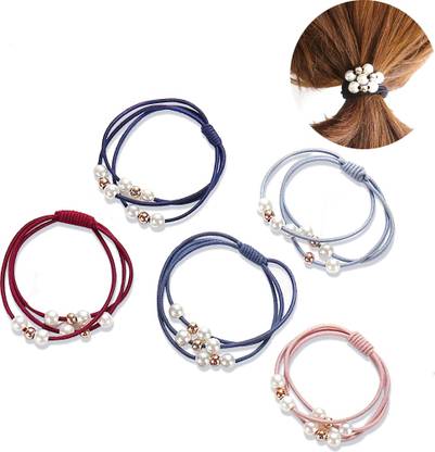 Myra Collection Korean high elastic hair band three-in-one pearl Girls (Pack of 5) Rubber Band