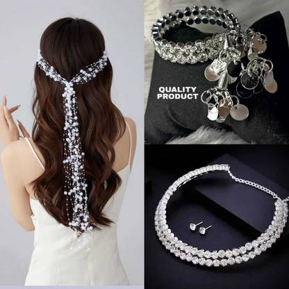SAHIR white pearl hand band with bracelet and silver neklace hair combo
