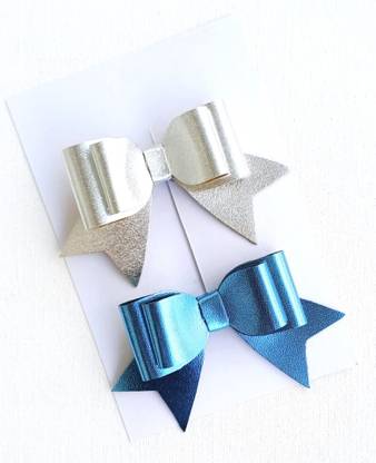 LuvSaa Essentials metallic hairbow silver / blue|MADE WITH LEATHER/GLITTER SHEET|HANDCRAFTED Back Pin