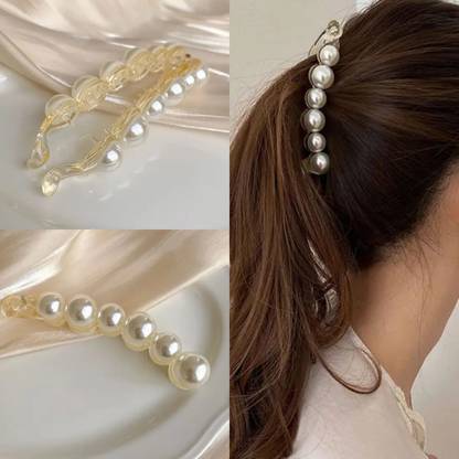 Kalka Fashion Korean Stylish White Pearl Banana Clip Ponytail Clutcher Clip Claw Banana Clip