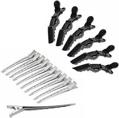 PINK BLOOM Crocodile Hair Clips black(6) + Hair Section Dividing Silver Steel Clip (12) Hair Clip