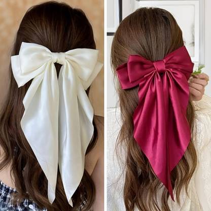 ChicTresses Red & Off White, Premium Hair Bows for Women, Bow Clips for Women, Satin Bow Hair Clip