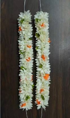 Miltan White & Orange Jasmine Flower Fabric Gajra 10inch for Hairstyles Hair Band Hair Chain