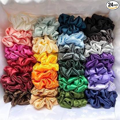Tryzm Collection Luxury Satin Scrunchies for women girls | PACK OF 24 Random Color Rubber Band