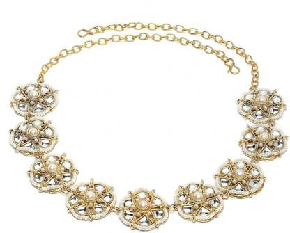 Kotttykotty Gold Plated Floral Design Pearl and Kundan Studded Hairband Head Band