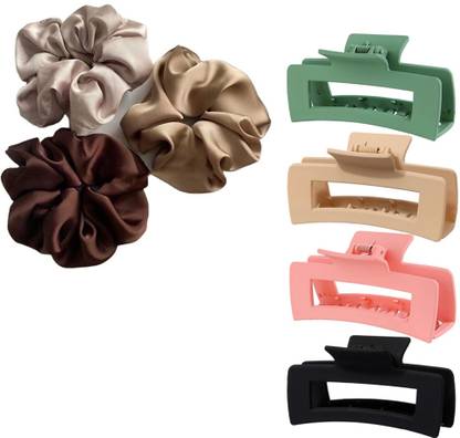 Sharum Crafts Scrunchie 3pc & Rectangle Big Matt 4Pc Hair Clip