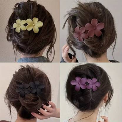 KATY Cute Korean style Super Matte Flower Hair clip/ Side pin/ Strong Grip set of 4 Bun Clip