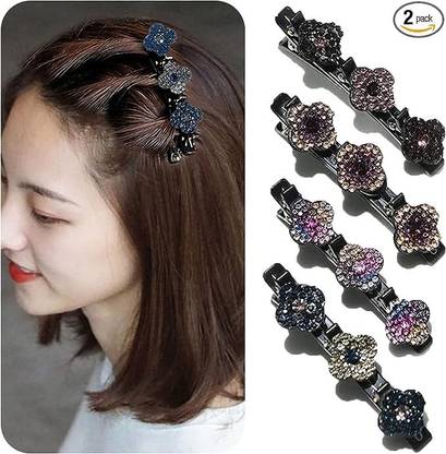 Tryzm Collection 4PCS Braided Hair Clips for Women - Sparkling Crystal Stone Double Layers Hair Clip