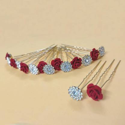 Fashion Crazz Bridal Hair Bun Pin Accessory/Artificial Rose & Clear Rhinestone Fancy Juda Pin Bun Clip