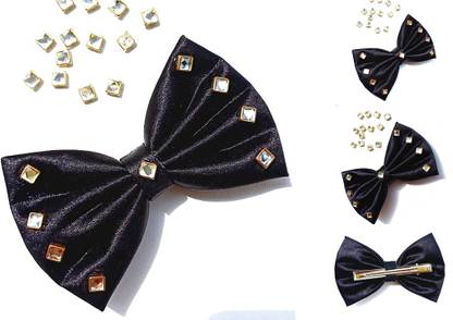 LuvSaa Essentials Kundan Black - Fabric Bow | HANDCRAFTED | make beautiful hairstyles. Back Pin