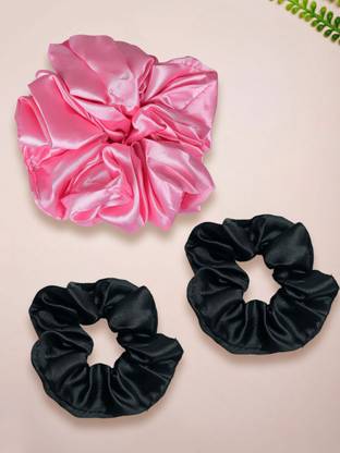 Dressberry Combo of 3 Black & Pink Small & Volumizer Satin Silk Scrunchy RubberBand Rubber Band