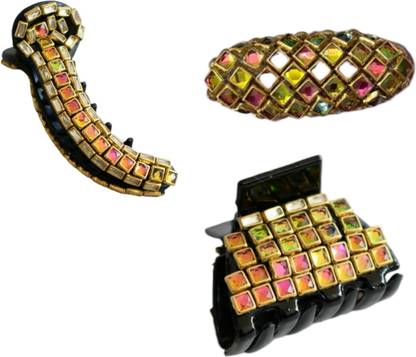 VRcreations Multi Colour Kundan Banana Hair clip with Saree PIN and plucker Clip Banana Clip