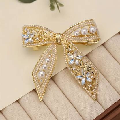 ASG 1pcs Elegant Golden-Tone Crystal & Pearl Bow Hair Clip Alloy Spring Clip Hair Clip