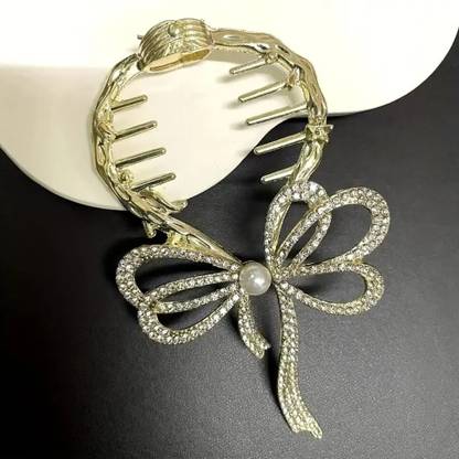 VYOMISS Golden Crystal Bow Hair Claw Clip for Women – Stylish Party Wear Accessory Bun Clip