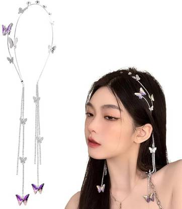 OLLIVOO 1 Pcs Rhinestone Headband Bridal Wedding Butterfly Headband Crystal Tassel Hair Chain