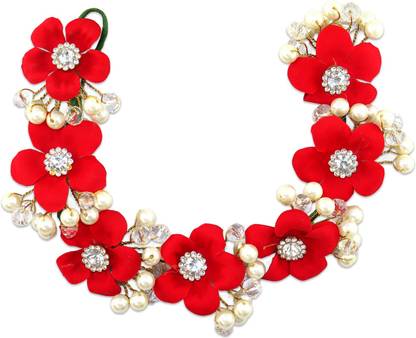 VAGHBHATT Crystal Moti Flower Party Bridal Fancy Hair Clip Headband Hair Accessories Tiara for Women and Girls (3Line Flower) Hair Chain