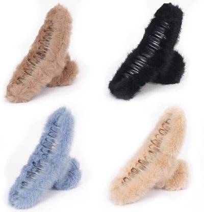 Dreamish Hair Accessories Fluffy Furr Claw Clip Clutcher Hair Accessories (Multi Color Any4) (Pack of 4) Hair Claw