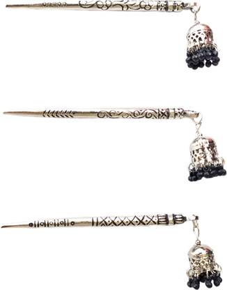 Adil Metal Handicrafted Hair Stick with Jhumki Combo of 3 Bun Stick