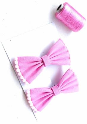 LuvSaa Essentials Pom Pom Petit - Pink Fabric Bow|HANDCRAFTED|make beautiful hairstyles. Back Pin