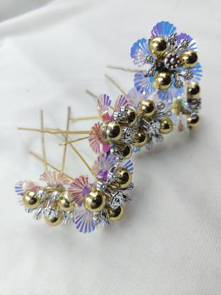 SR Sarthak Royal Rainbow Flower With Beeds Hair Golden Bun Pin Fancy Juda Pins (Pack of 6) Hair Pin