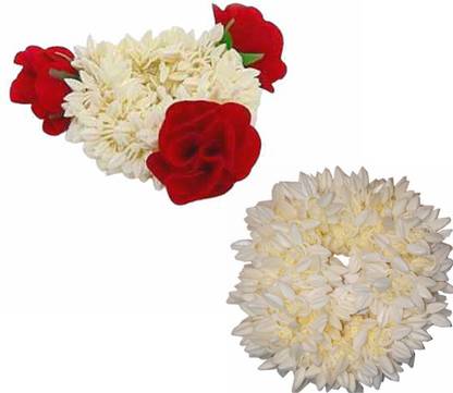 Clezaro 1Pcs Artificial Rose Gajra Rubber Band + 1Pcs Artificial Mogra Gajra Rubber Band Hair Accessory Set