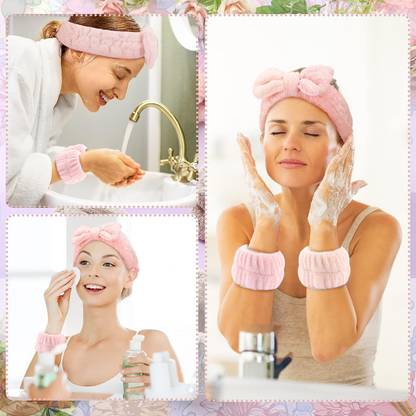 sannidhi Face Wash Headband & Wristband Set, Flannel Wrist Towel Band for Washing Face Head Band  (Pink)