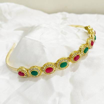 Diversa Kundan Studded Golden Matha Sheesh Patti with Green & Red Stones Head Jewellery Hair Chain