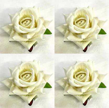 Fezzalo 4 pcs Premium Stylish Artificial White Rose Flowers Soft Fabric Hair Rose Clip Bun Clip