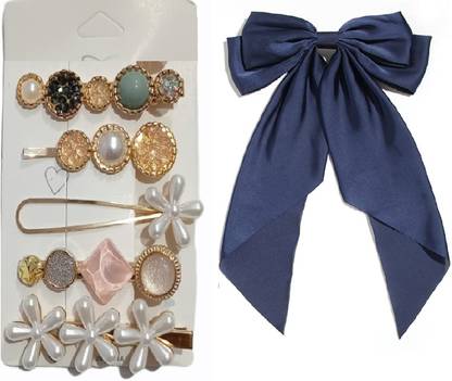 Kaima Blue Satin Hair Bow Clip Ties for Girls With 5 Korean Hair Clip Back Pin