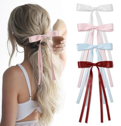 sannidhi 4Pcs Bowknot Hair Clip Color 9.1'' Long Tail Bowknot Ribbon Hair Clip for Girls Hair Clip