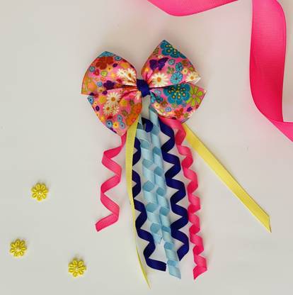 RibbonCandy Floral Print Bow With Danglers On Alligator Clip Bun Clip