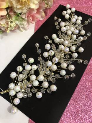 SAMYAK Bridal Pearl & Crystal Wedding Hair Tiara Accesories Peach Hair Pin