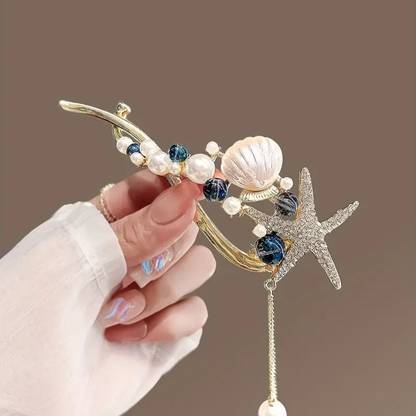 Ashkash 1pc Ocean Series Rhinestone Starfish Shell Twisted Banana Clip Banana Clip