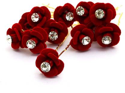 SRH Bridal Golden Juda Pins For Women/Hair Pin Red Flower Hair Pin