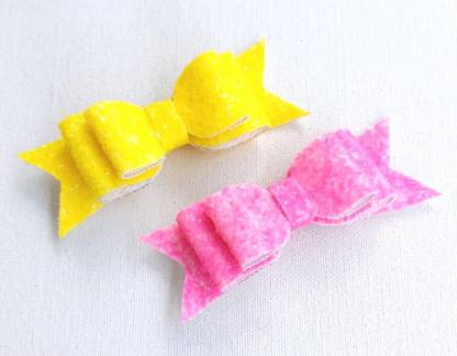 LuvSaa Essentials Hair bows (yellow/pink) |MADE WITH LEATHER/GLITTER SHEET|HANDCRAFTED Back Pin