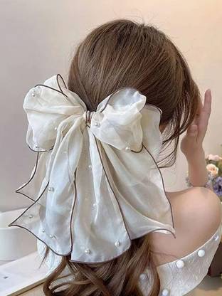 EvoNest Large Pearl Organza Bow Clip - Sheer Ribbon for Weddings & Parties Hair Band