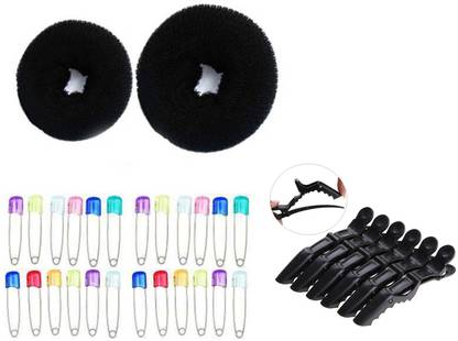 Sharum Crafts 2 Hair Donut, 24 Multi Safety Pin & Section Clip Black 6Pc Hair Accessory Set