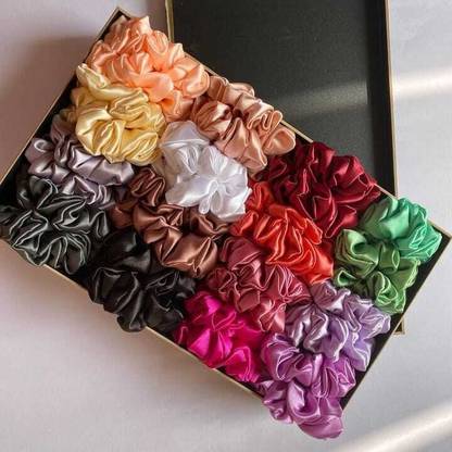 A ONE STAR Pure Silk Scrunchies Hair Tie Elastic Large Hair Bands Set of 24 pcs Rubber Band