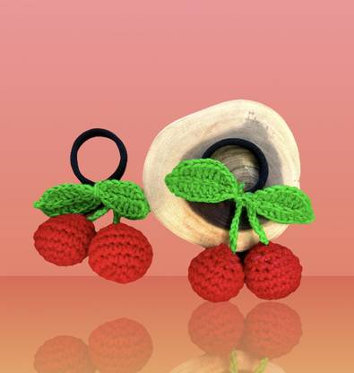 ReverseWheel Handmade Crochet Red Cherry Hair Tie For women Pack of 2 Rubber Band