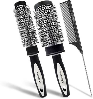 MAJESTIQUE Salon Blowout Brush Set – 2 Round Barrel Brushes & 1 Tail Comb (3-Piece, Black)