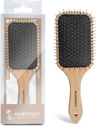 MAJESTIQUE Wood Hair Brush-Paddle Hair brush with Metal Pin Bristles-Wooden Brush for Hair
