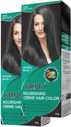 Vakola nourishing long lasting grey coverage cream hair color 50g+50ml (Pack of 2) , Natural Black