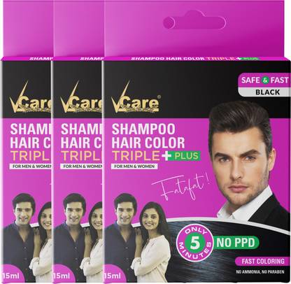 Vcare Shampoo Hair Color Black (15ml) Colours hair in minutes Ammonia free (pack of 3) , Black