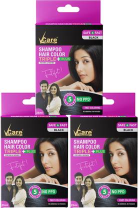 Vcare Shampoo Hair Color Black (25ml) Colours Hair in Minutes Ammonia Free (Pack of 3) , Black