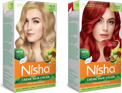 Nisha Cream Hair Color Rich Bright Long Lasting Hair Colouring For Ultra Soft Deep Shine Grey Coverage Conditioning With Natural Herbs , Ultra Blonde & Flame Red