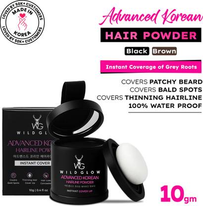 WILDGLOW Korean Hairline Cover-Up Powder | Covers Grey Roots, Bald Spots & Beard , Black