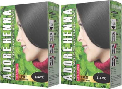 Adore Henna Black Herbal Henna Based Hair Color | (60g+10g x 2) | Pack of 2 , Black
