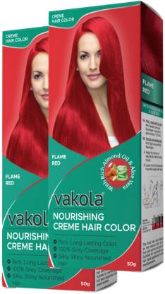 Vakola nourishing long lasting grey coverage cream hair color 50g+50ml (Pack of 2) , Flame Red